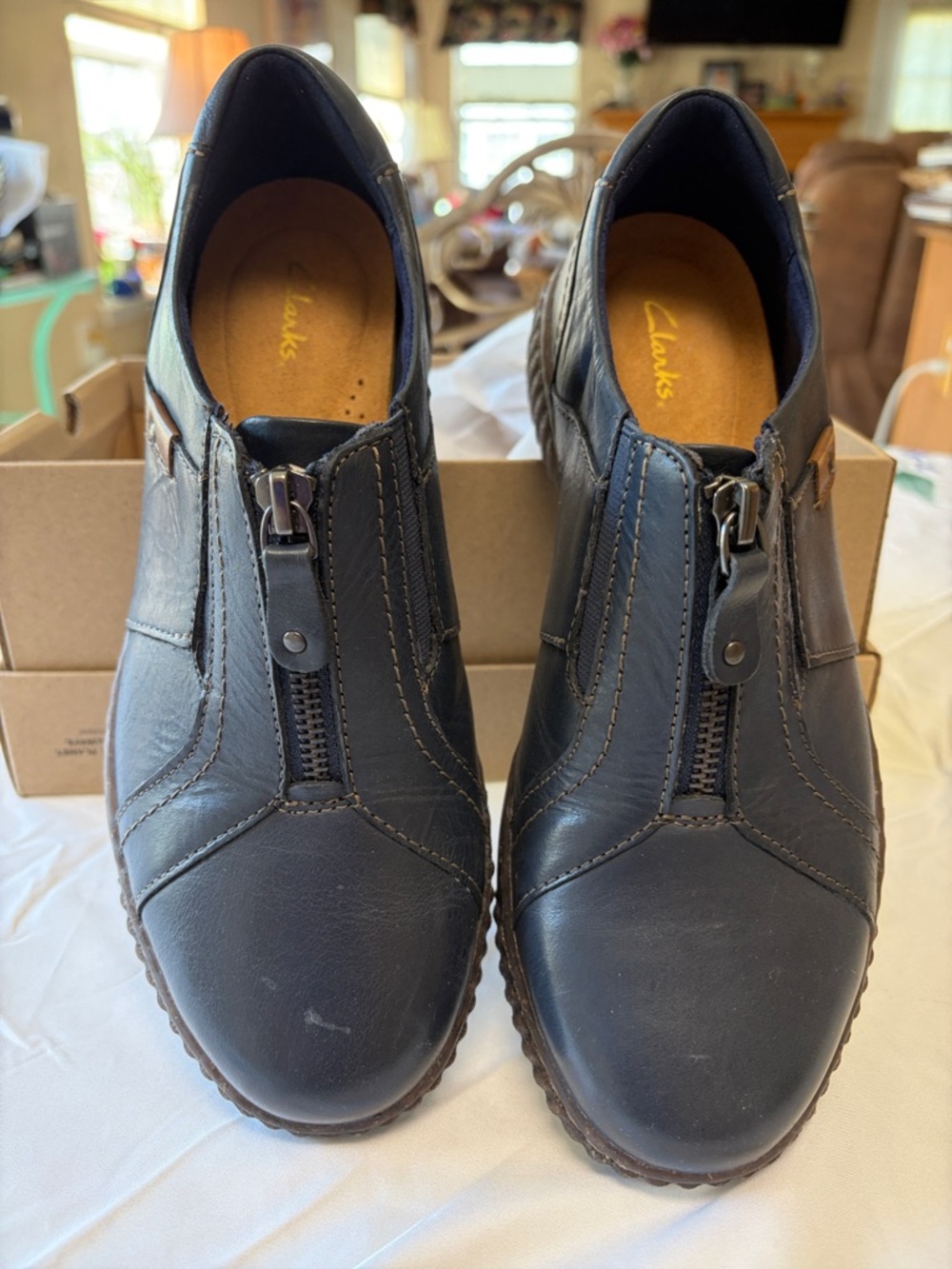 Clarks Navy Blue Leather Zip-Front Slip-On Loafers